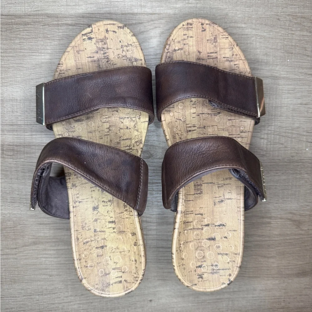 Vionic Pepper Wedge Metallic Brown Slip On Cork Leather Sandals